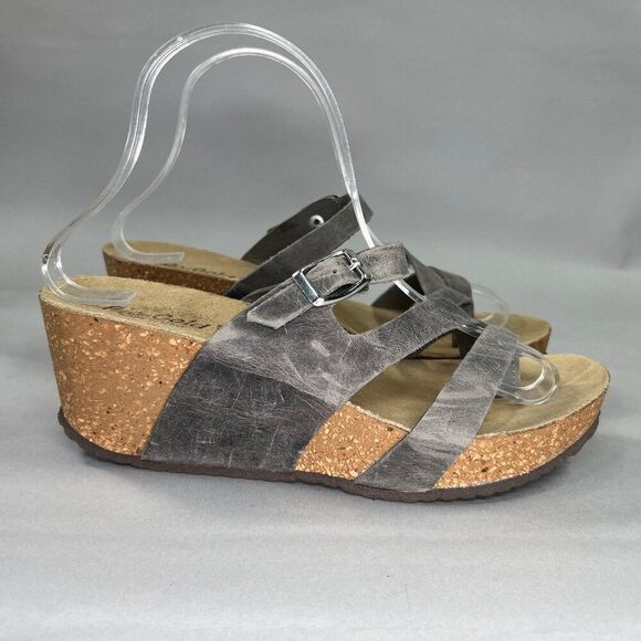 Bio Gold Sandals Women's 8 Gray Wedge Cork Leather Bohemian Comfort Strappy - Picture 1 of 8